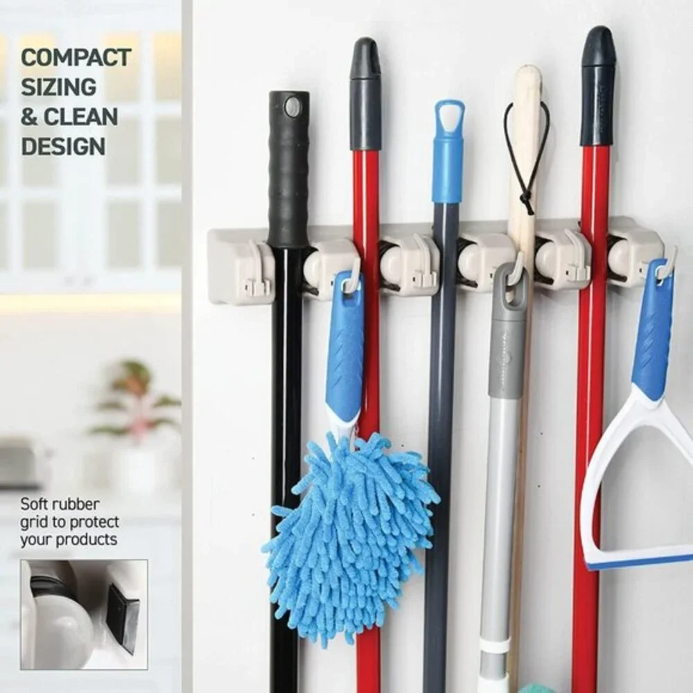 Mop and Broom Holder Wall Mount 2 Pack Garage Storage Organizer with 5‎ Slots